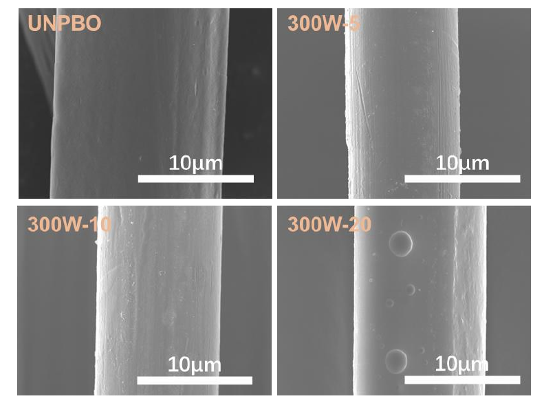 不同氧等離子體處理時(shí)間PBO纖維表面SEM 